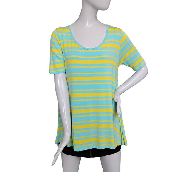 Lularoe Perfect T Aqua and Yellow Stripes Size Small Tunic Cut Short Sleeve - Picture 1 of 5